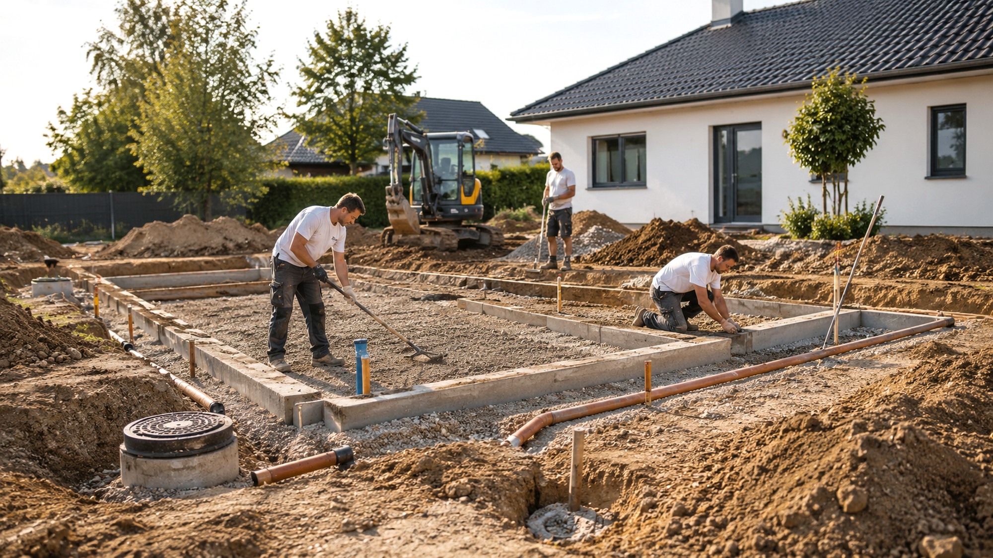 Erdarbeiten mit Minibagger für Fundamente eines Wohngebäudes