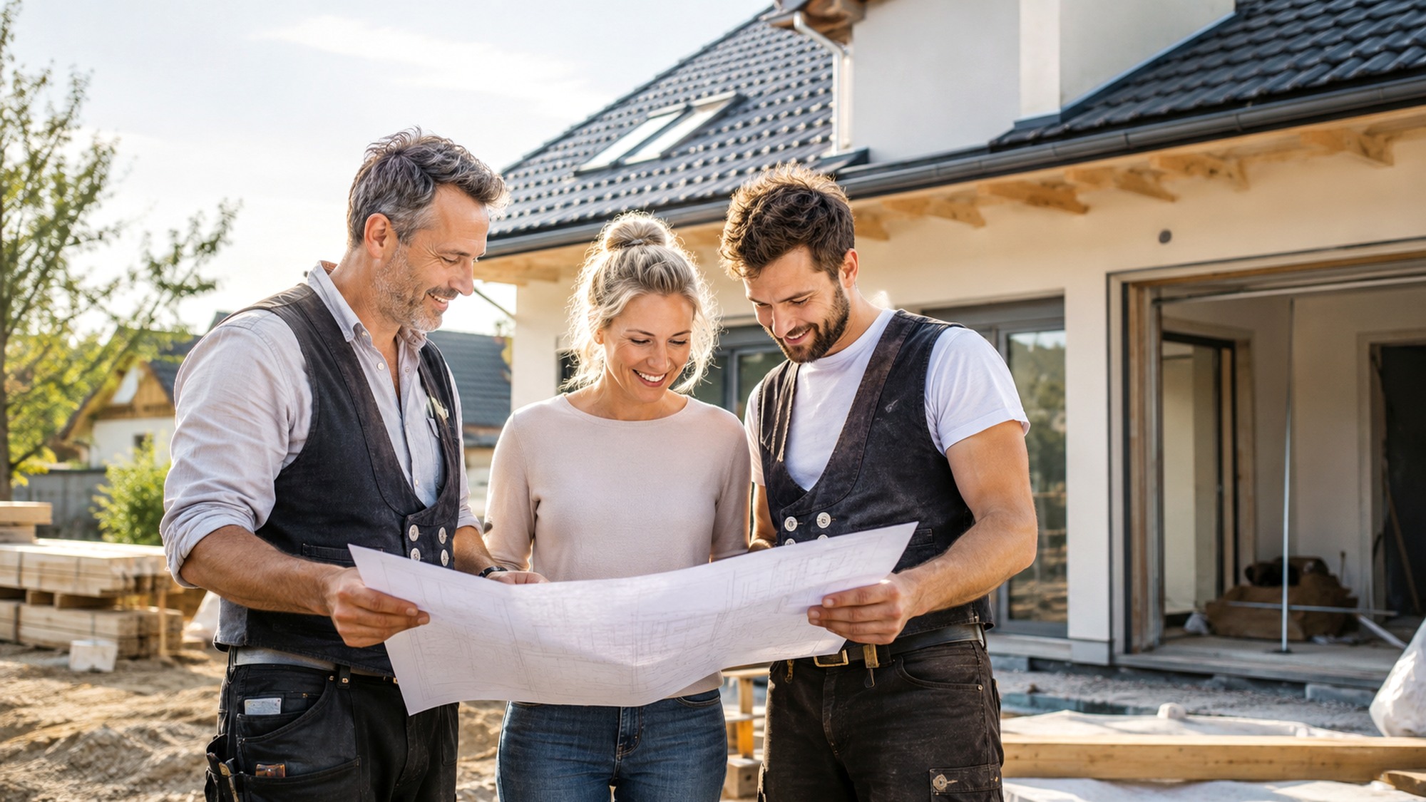 Bauplanung mit Bauherren an einem Wohnhaus