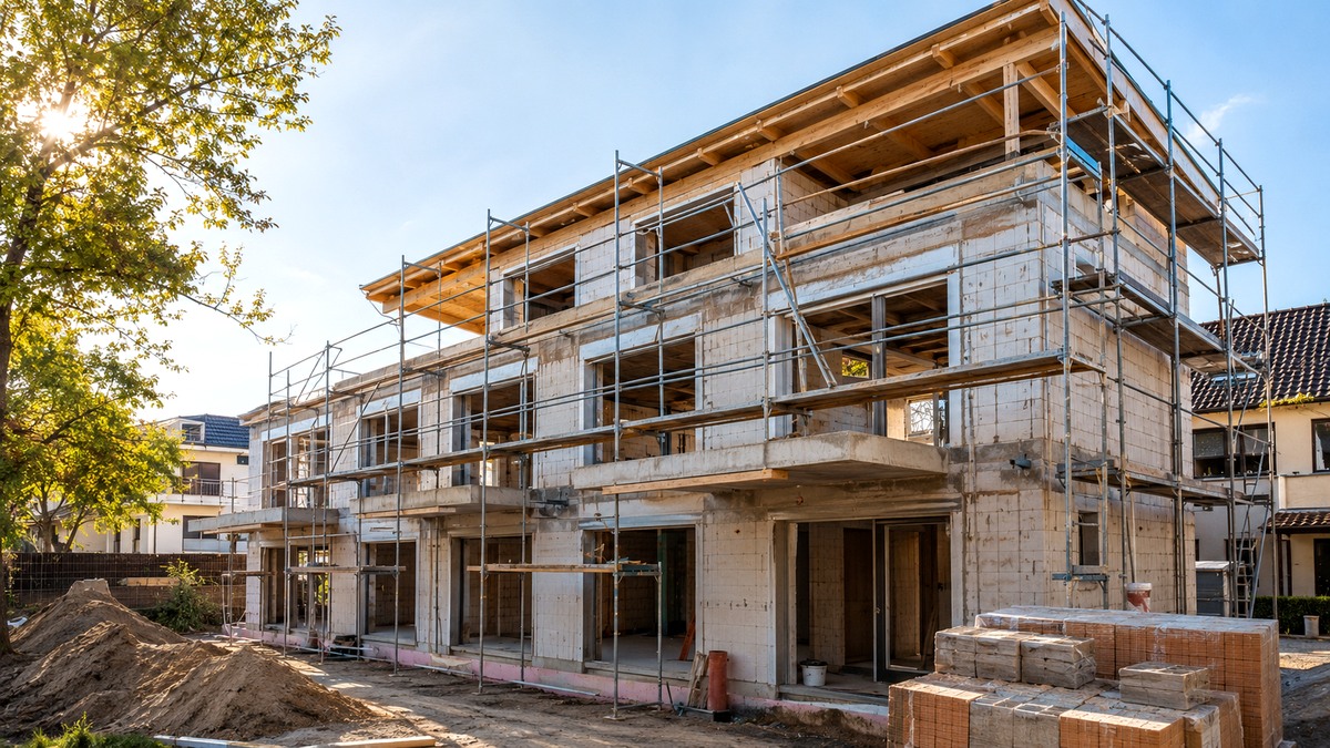 Rohbau eines modernen Mehrfamilienhauses